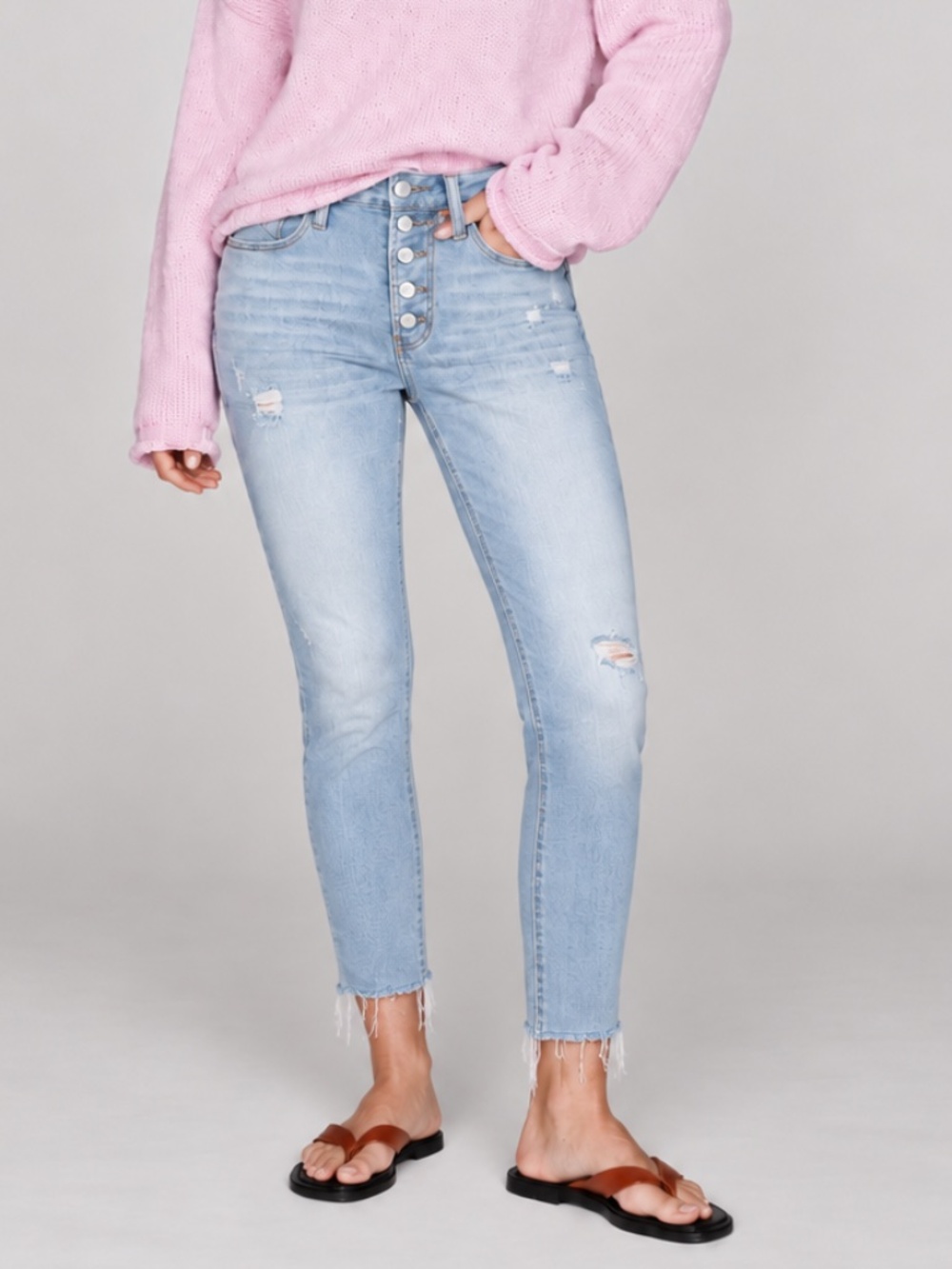 And Now This Light Wash Distressed Skinny Jeans Button Fly Raw Hem Sz 26